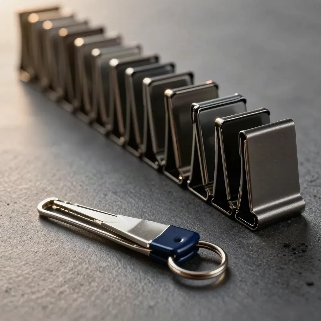 Side-on macro of roster clips, split ring, and navy key tab on graphite surface.