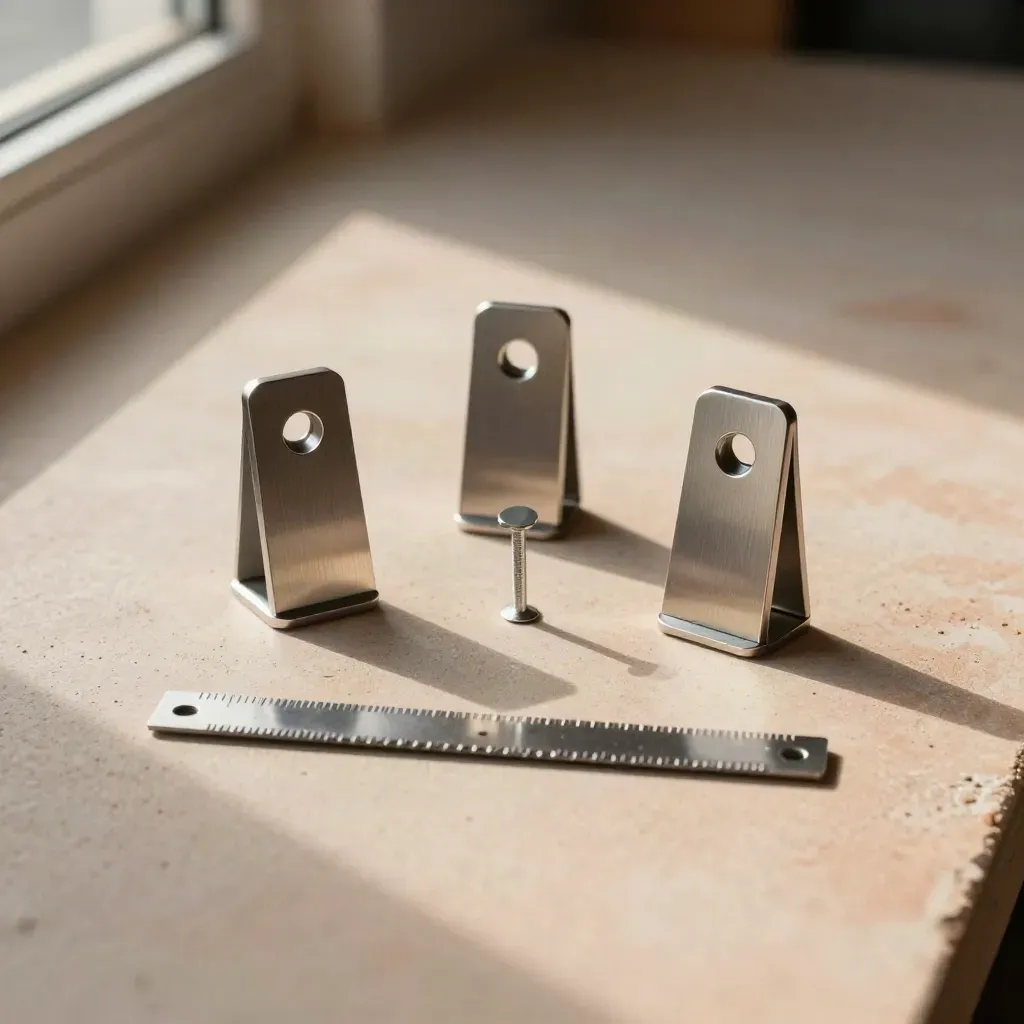 Top-down fixture markers, steel peg, and alignment bar on concrete with soft light.