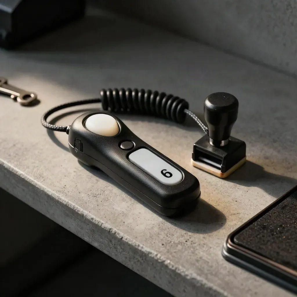 Clicker, whistle cord, and result stamp on a dark concrete shelf in dramatic studio light.