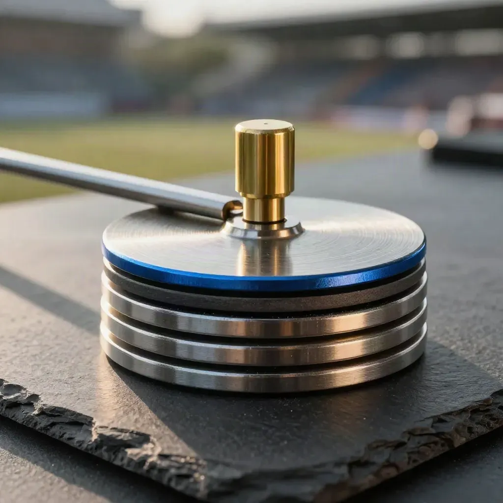 Macro still life of stacked ranking discs, a rail, and brass tally cap on a dark slate surface.