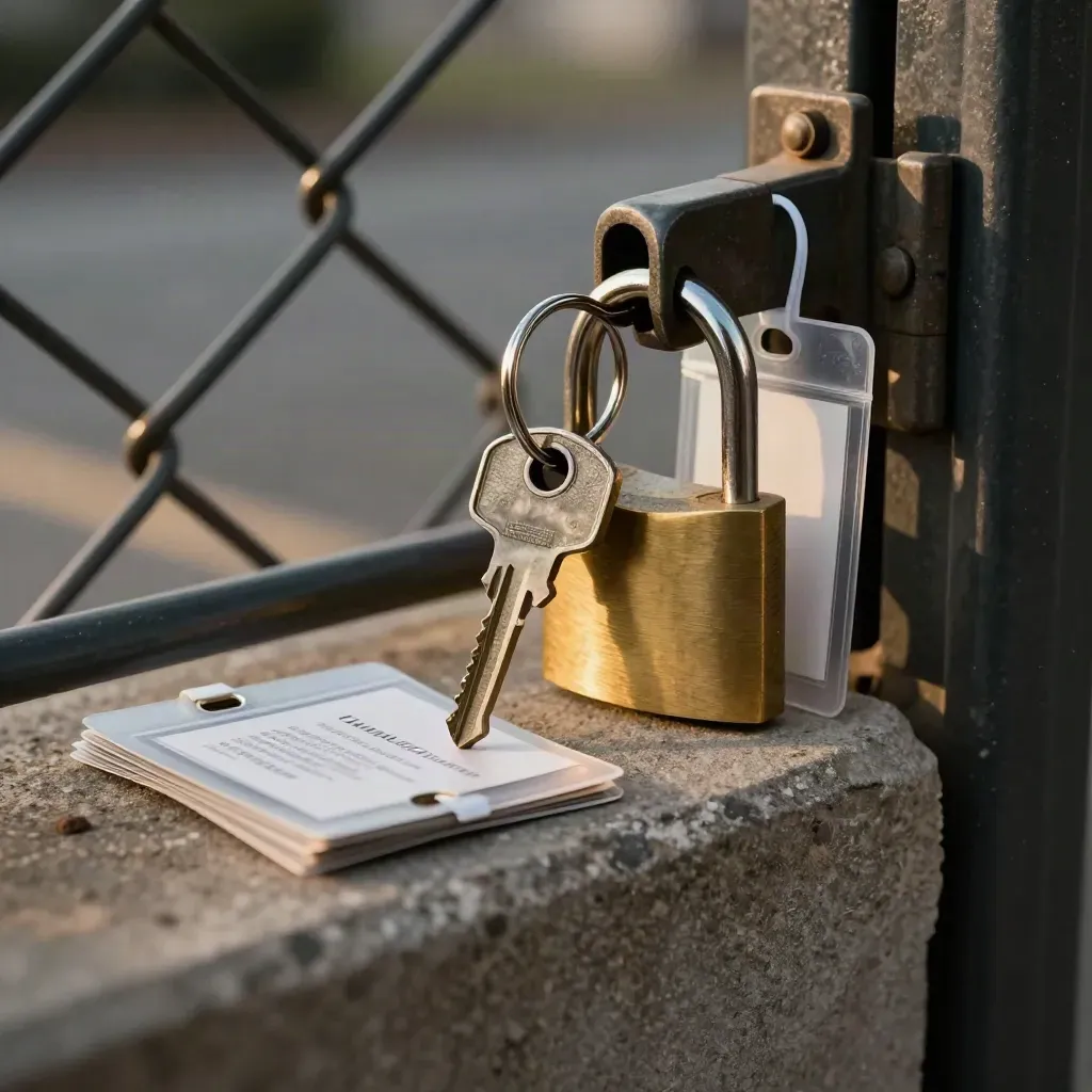 Clubhouse keys, brass padlock, tag holders and venue tokens behind chain-link.