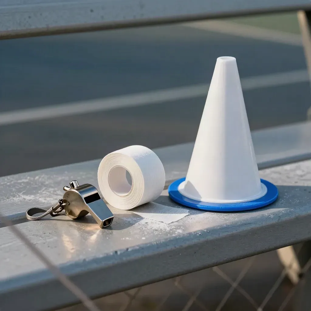 Whistle, stopwatch, tape and cones on a sideline bench behind a blurred net