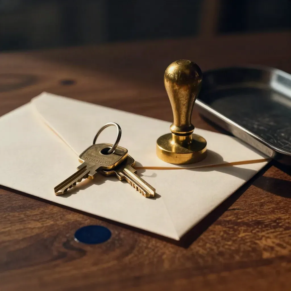 Brass stamp, venue keys and fixture envelopes on a dark metal tray in dramatic still life