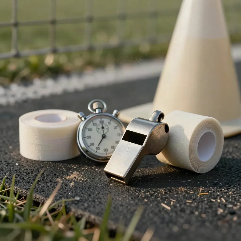 Macro still life of a whistle, stopwatch, tape and cone cap on turf under netting