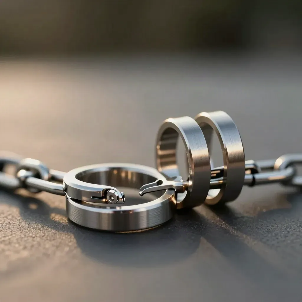 Macro of linked steel rings, snap hook, and cable couplers on graphite.