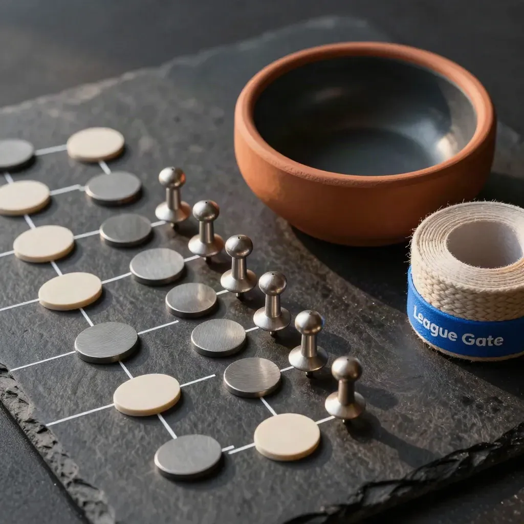 Overhead macro of seed tokens, bracket pins, wristband rolls and a compact draw bowl on slate.