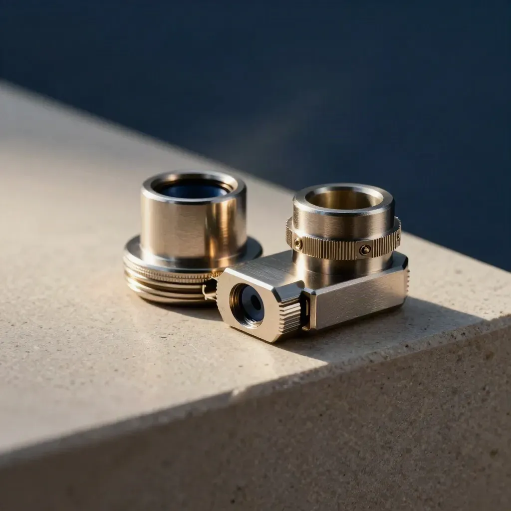 Nickel plates and gasket rings locking into a compact connector block in a dark studio still life.