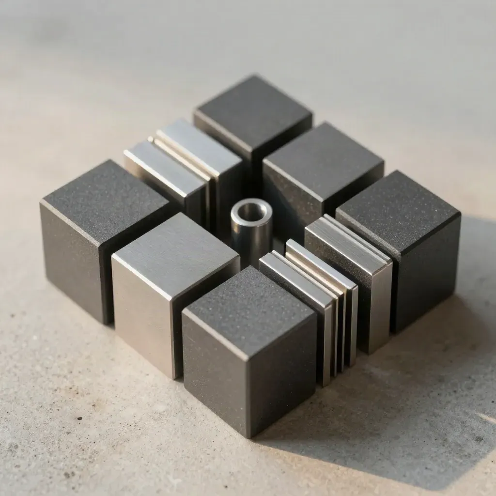 Graphite cubes and silver spacers aligned on pale concrete, overhead close-up.