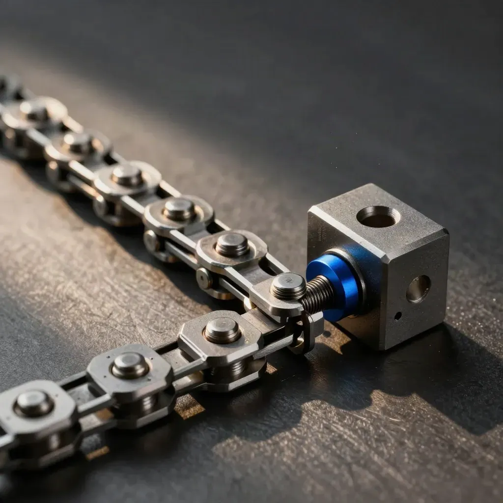 Interlocking graphite metal plates and pins on brushed steel with an electric-blue spacer.
