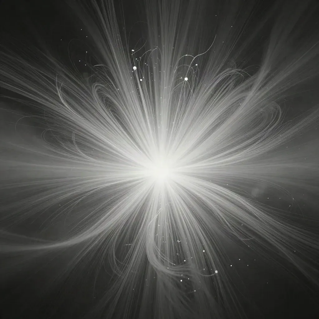 Silver light filaments bloom in graphite haze with open space for headline copy.