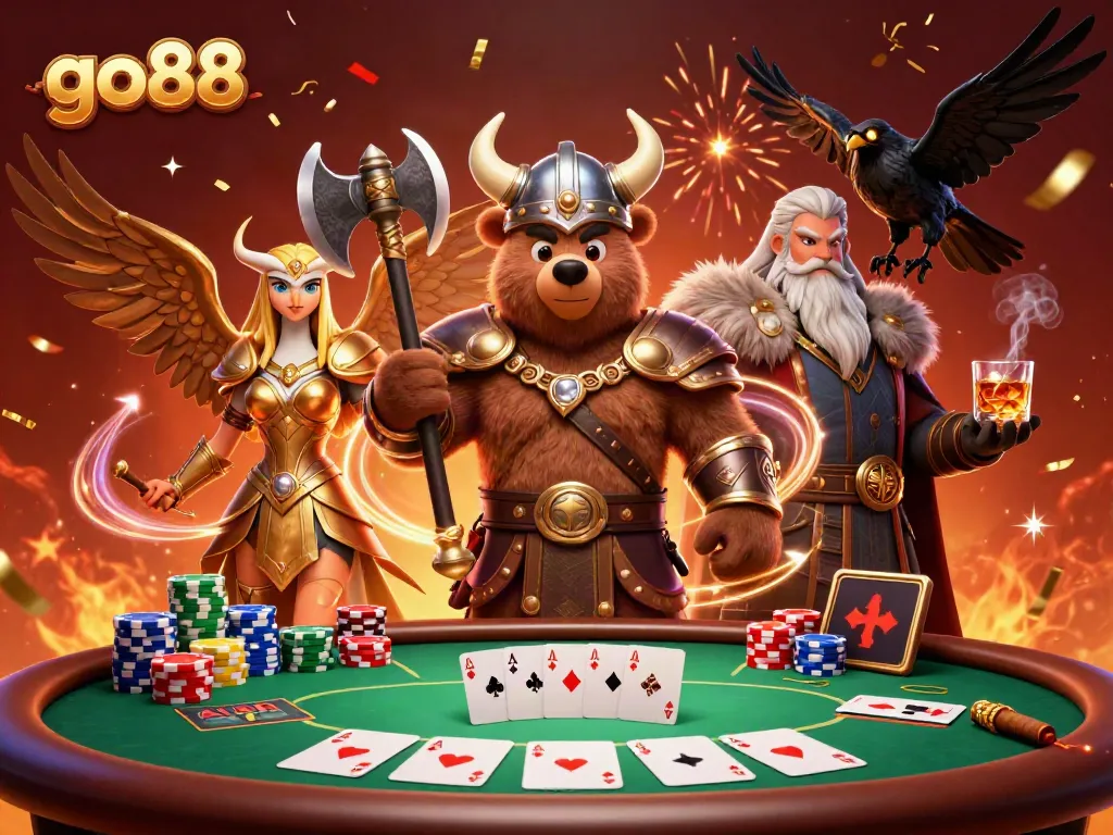 Experience thrilling games at go88 with a Viking bear and Valkyrie in a vibrant casino scene.