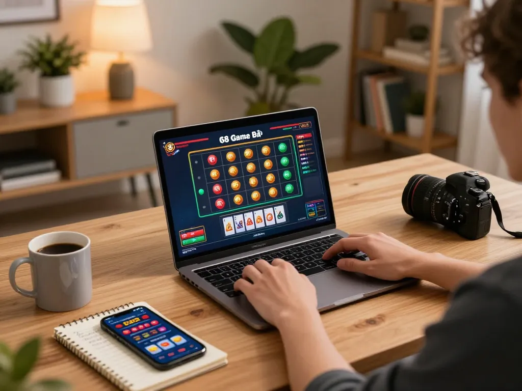 Player engaging with 68 Game Bài on laptop showcasing strategic gameplay in a cozy home setting.