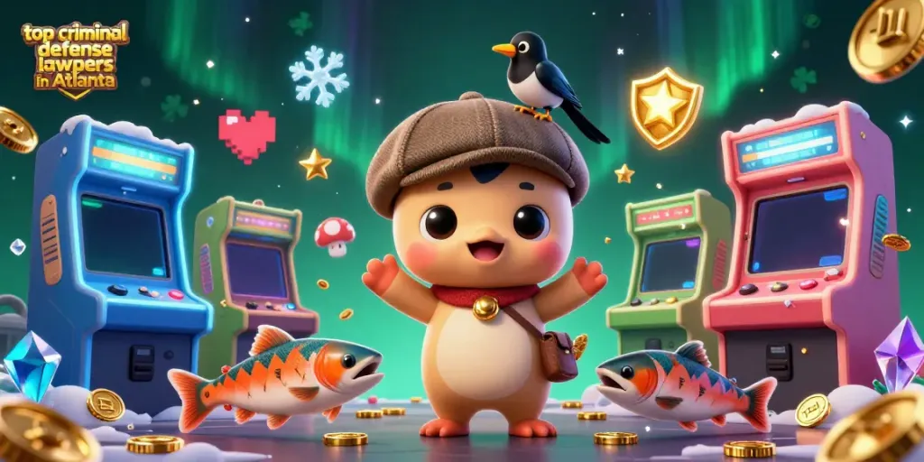 Engage with top criminal defense lawyers in Atlanta through a dynamic casino-themed illustration featuring playful characters and vibrant game elements.