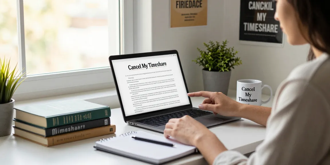 Person reviewing options to cancel my timeshare in a cozy home office with motivational decor.