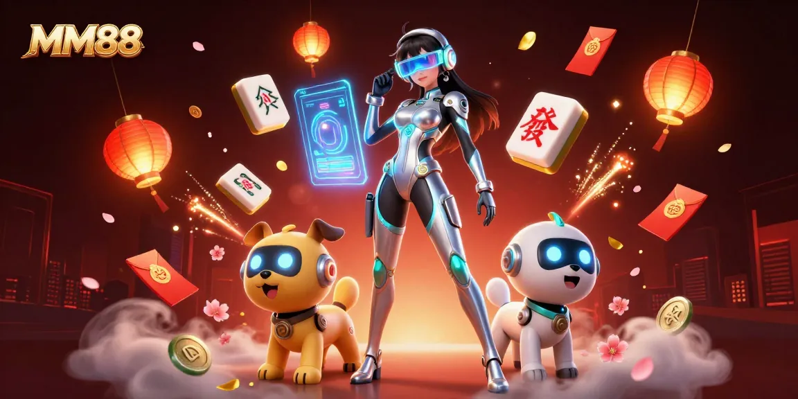 MM88 showcases an engaging female character with a futuristic robot dog amidst vibrant casino elements.