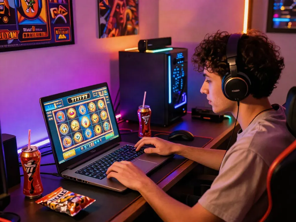 Excited player enjoying slot777 games on laptop in vibrant gaming setup.