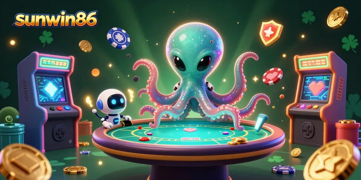 Engage in thrilling poker action with sunwin86 as a cartoon octopus deals cards amidst cosmic arcade machines.