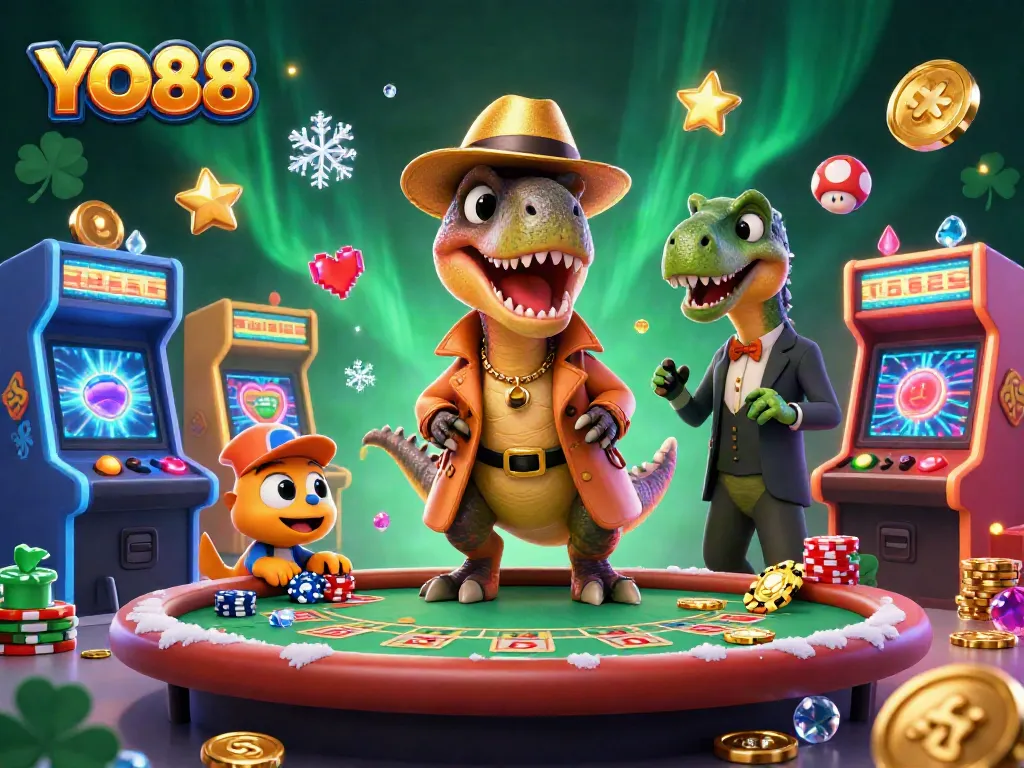 Engage in thrilling YO88 gameplay with a charming velociraptor at a blackjack table surrounded by gaming excitement.