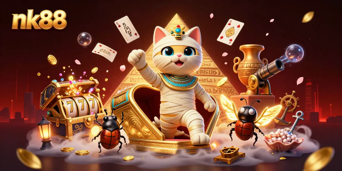 Join the excitement at nk88 with vibrant gaming elements featuring an Egyptian mummy cat and rich casino visuals.