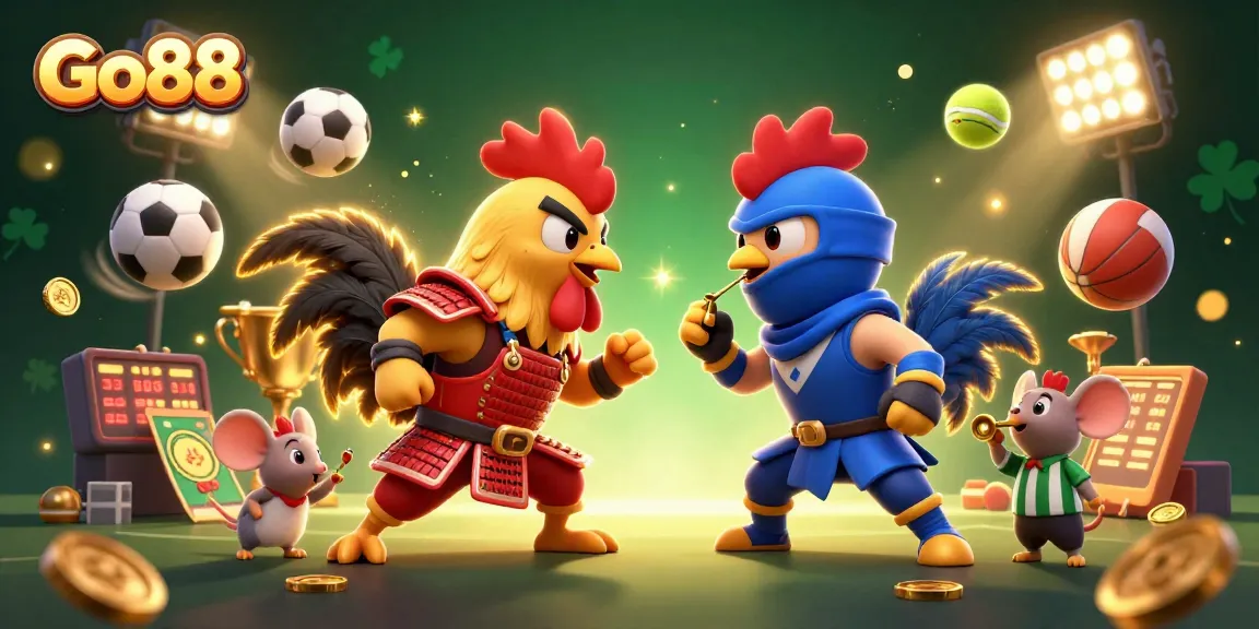 Engage with Go88's thrill as cartoon roosters battle in 3D action, amidst flying gold coins and sports elements.