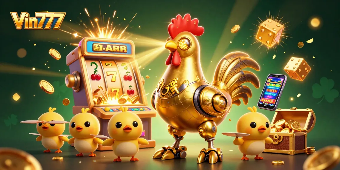 Engage in thrilling slots and gaming at Vin777 with vibrant 3D casino elements and a golden rooster.
