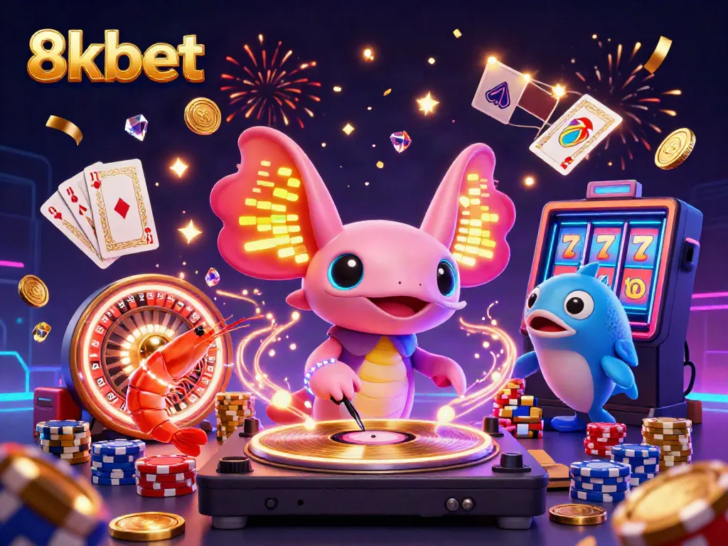 Experience dynamic gaming action at 8kbet with vibrant cartoon characters celebrating around a spinning roulette wheel.