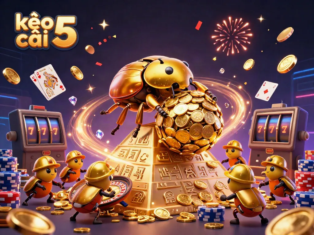 Engage with kèo nhà cái 5 in a vibrant 3D casino scene filled with golden coins and excitement.