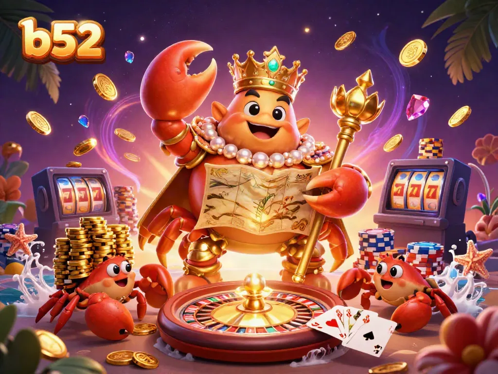 Spin and win with b52 at a vibrant online casino featuring rich game elements and a crab emperor.