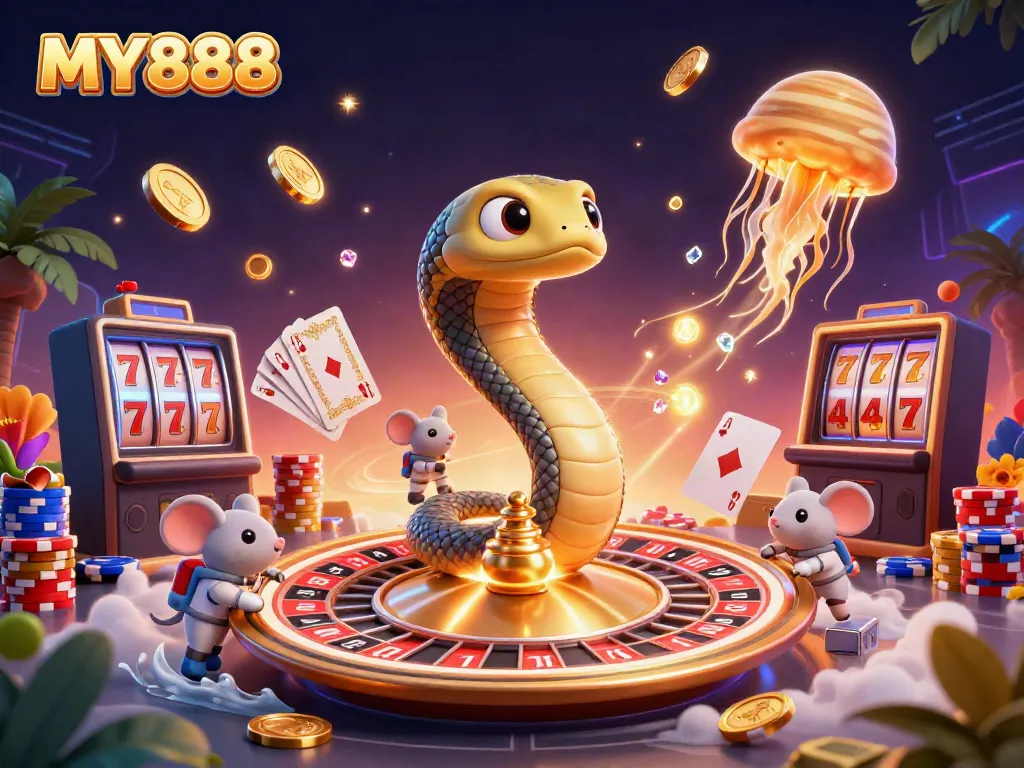 Engage with MY888 in this vibrant 3D casino scene featuring cosmic characters and lively casino elements.