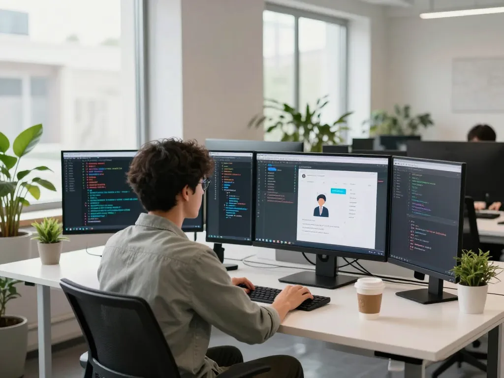Engaging workspace showcasing a developer working on crush ai chatbot designs in a modern tech environment with vibrant atmosphere.