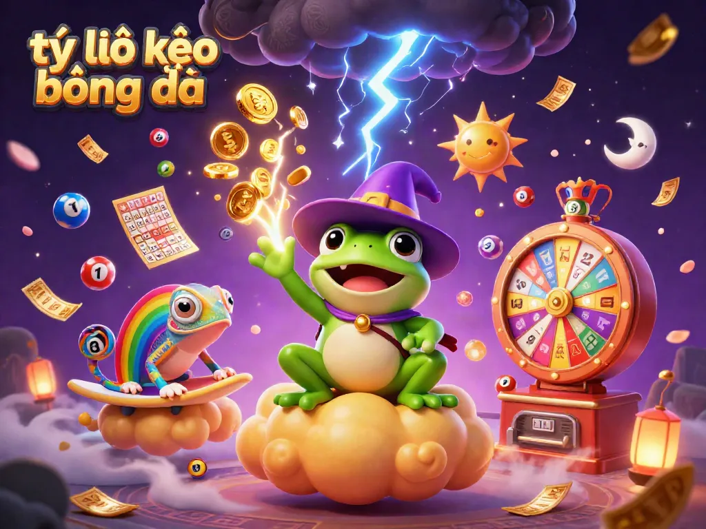 Engage in tỷ lệ kèo bóng đá excitement as a wizard frog conjures a golden coin storm in a vibrant casino scene.