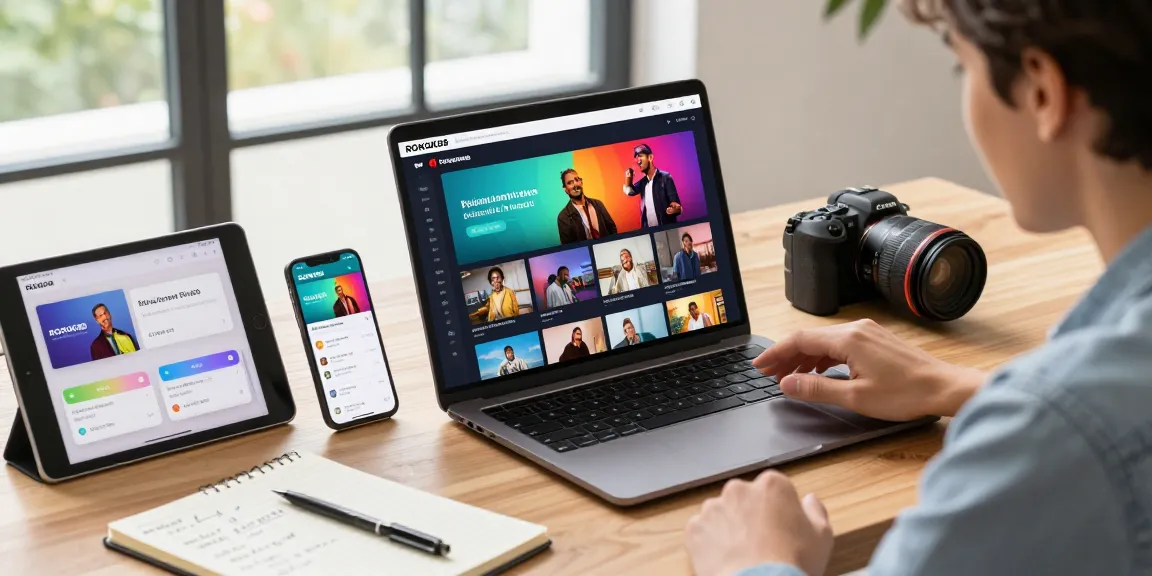Engaged user exploring ROKOK88 episodes on a laptop in a modern workspace