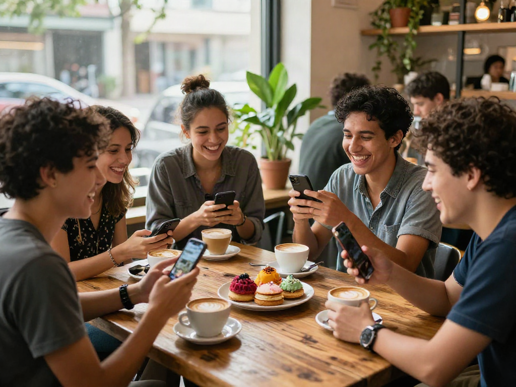 Group of friends sharing laughs and coffee in a café while discussing who they crush on, warm vibrant atmosphere.