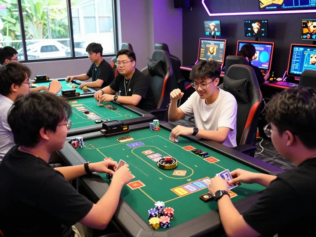Exciting online gaming experience at rik vip featuring players enjoying card and dice games in a vibrant, modern lounge.