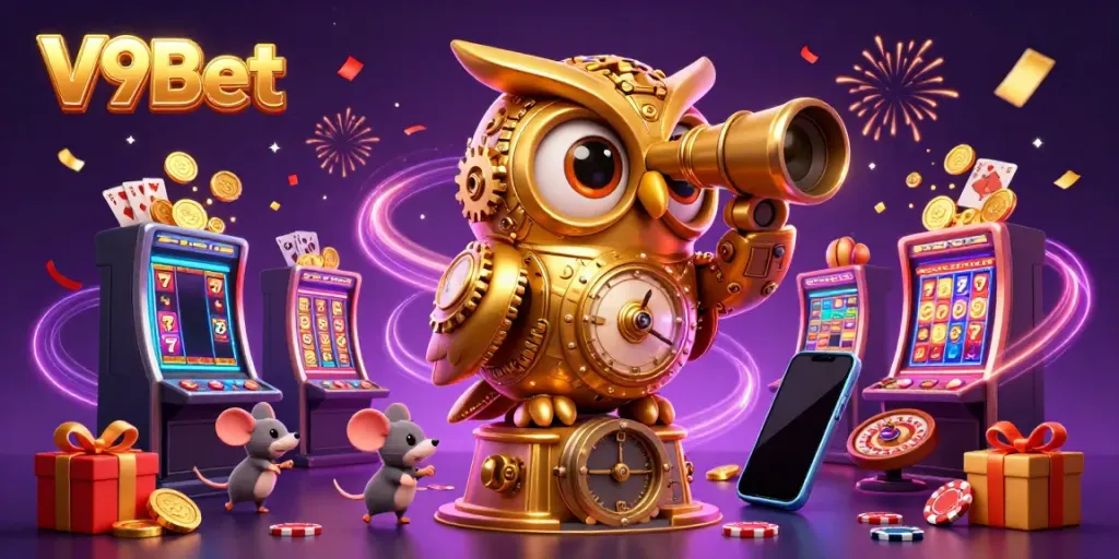 Experience the vibrant world of V9Bet with a golden owl overseeing casino adventures, bursting with excitement!