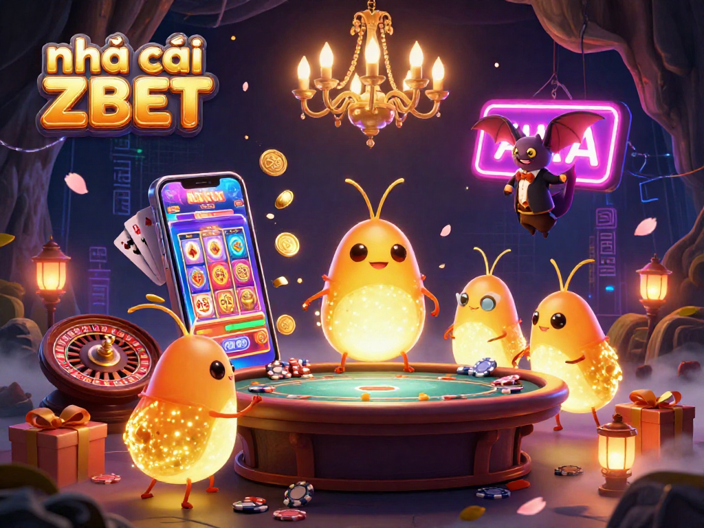 Engage with nhà cái ZBET as glowworms light up a vibrant casino scene full of slot games and festive elements.