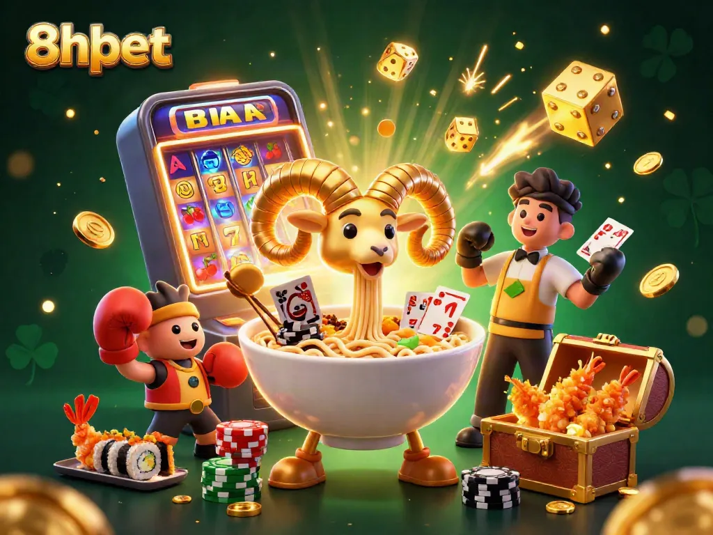 Win big with 8xbet's vibrant 3D casino scene featuring thrilling games and energetic characters.