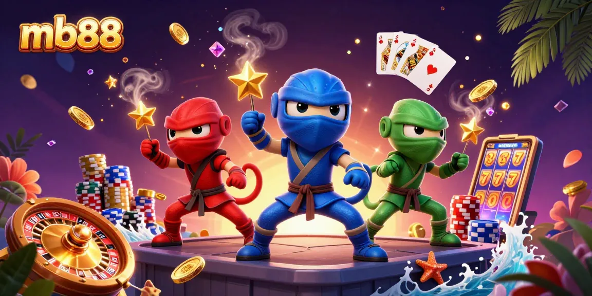 Trải nghiệm cược độc đáo tại mb88 với nhóm tắc kè ninja trình diễn cùng trò chơi casino sôi động.