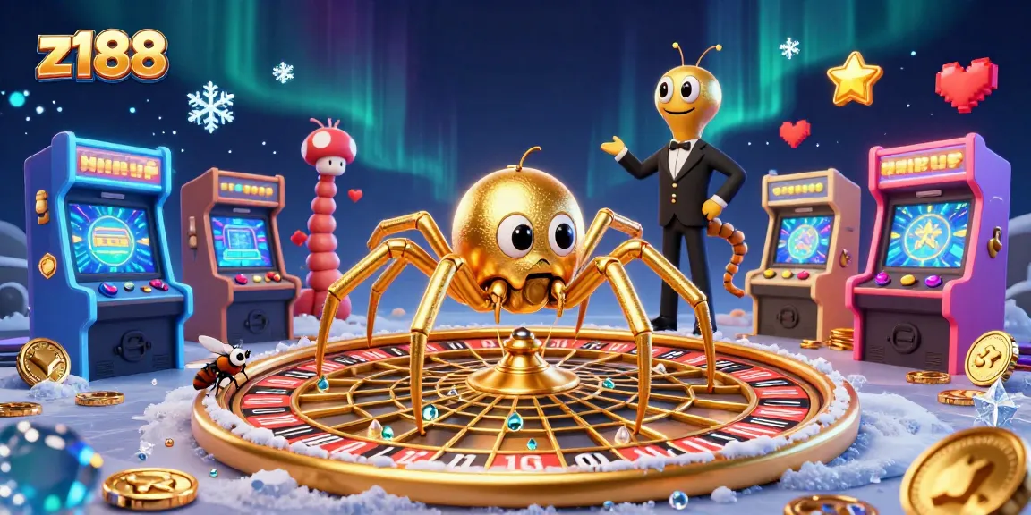 A dynamic scene with a golden spider and a croupier centipede representing z188, surrounded by colorful casino game elements.