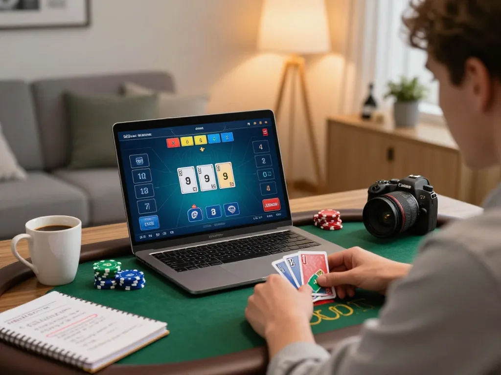 Cwin online poker setup with a player reviewing strategy notes and gaming interface at home