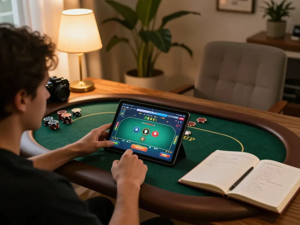 Player engaging in strategic online poker at home using vin88 platform, highlighting mobile gambling convenience.