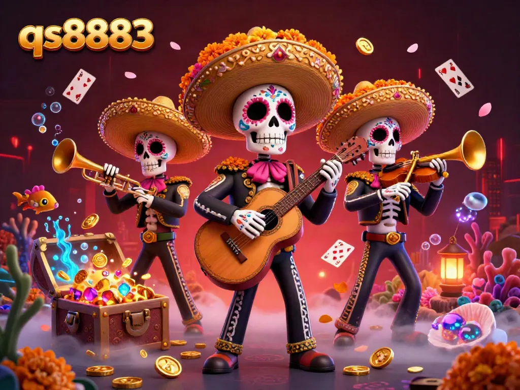 Experience thrilling gameplay with qs8883 in this vibrant illustration of a Dia de los Muertos mariachi band amidst a treasure-filled casino scene.