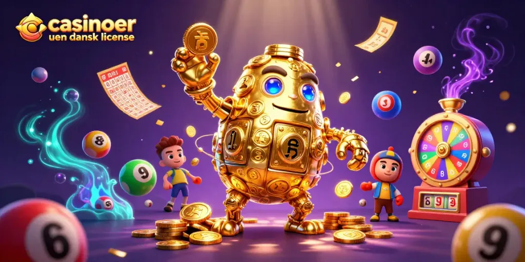 Engaging scene of casinoer uden dansk licens featuring a golden golem and lottery elements.