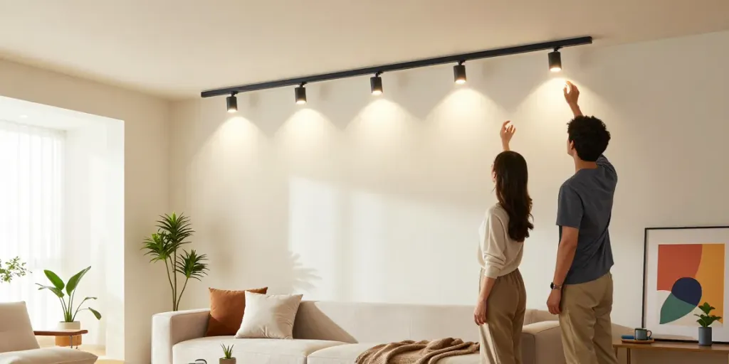 Iluminatul pe sina magnetica în interior modern cu detalii elegante.