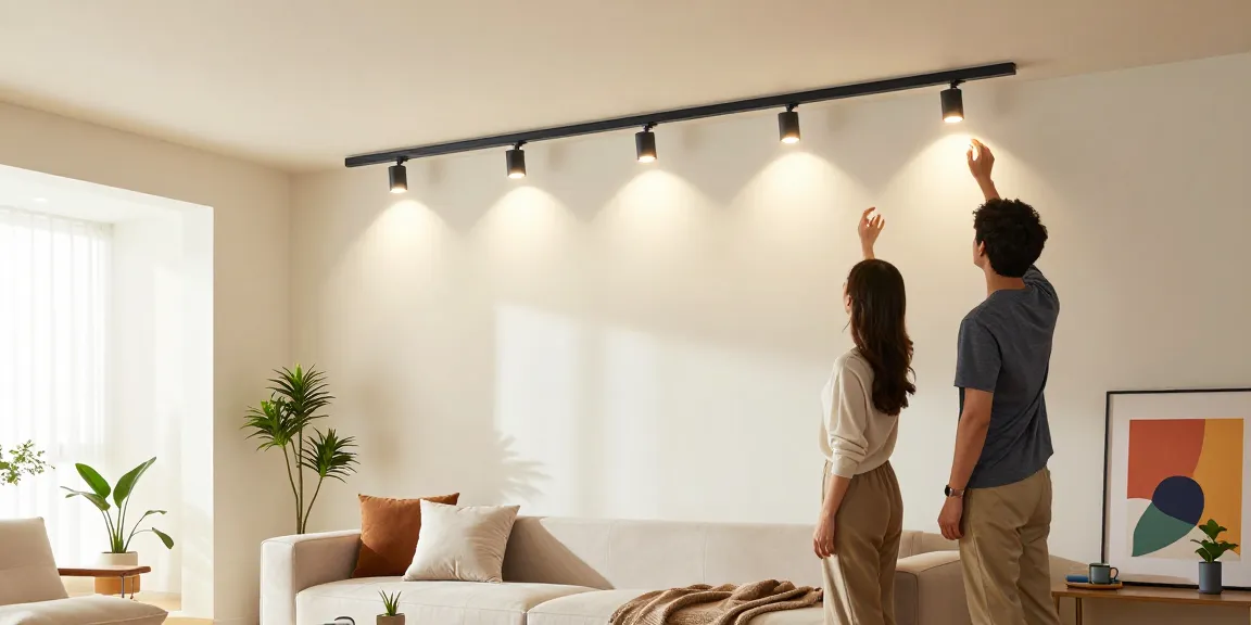 Iluminatul pe sina magnetica în interior modern cu detalii elegante.