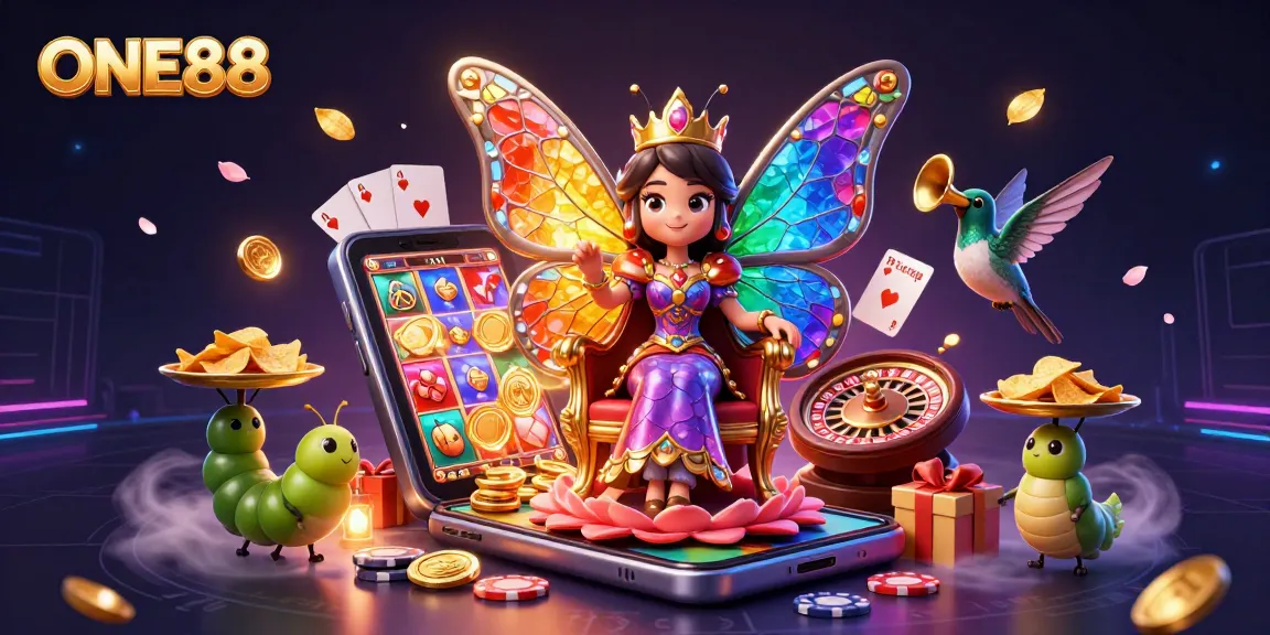 Engage with immersive ONE88 gaming through a vibrant 3D casino scene featuring a butterfly queen and thrilling slot elements.