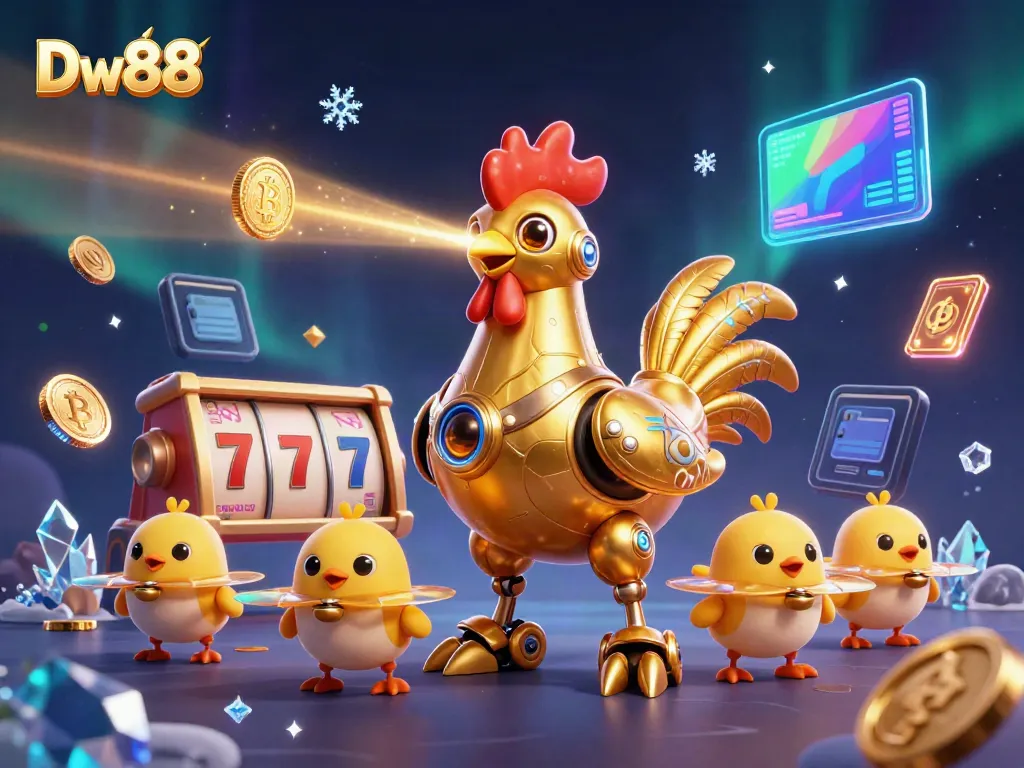 Win big at Dw88 with a vibrant 3D casino scene featuring slot reels, crypto coins, and entertaining characters.