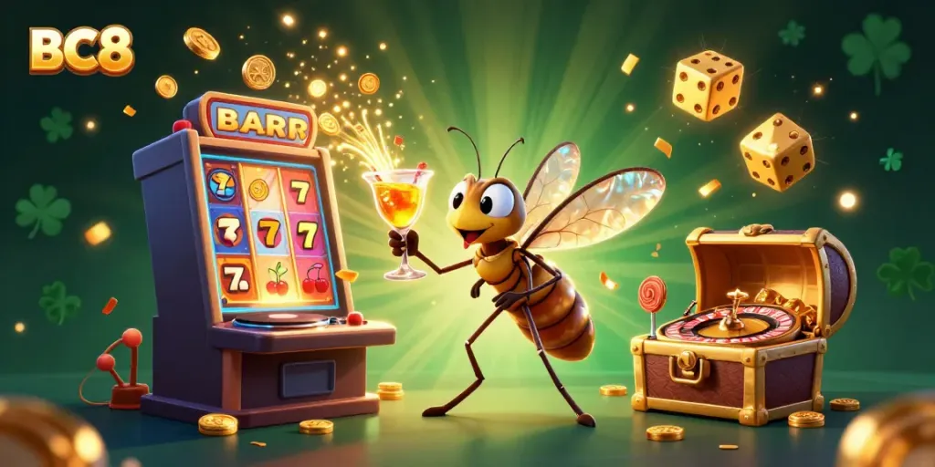 Experience the vibrant BC8 casino world with a lively frozen mosquito mascot, trilobite DJ, and dynamic gaming elements.