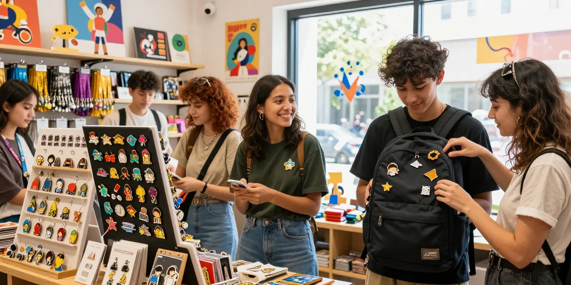 Custom enamel pins being showcased in a vibrant retail setting, capturing the excitement of shopping for unique accessories.