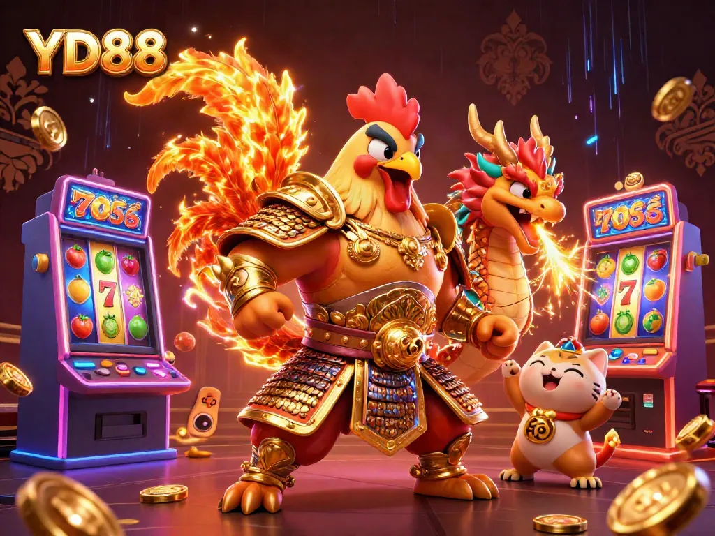 Experience vibrant YD88 thrills with a dynamic rooster warrior and dragon at a bustling casino.